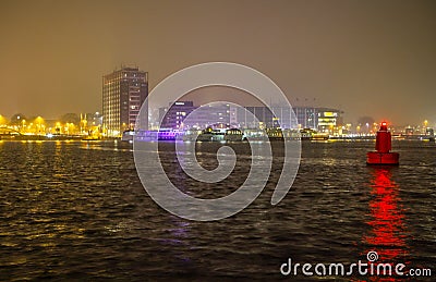 City sights of Amsterdam at night. General views of city landscape. Stock Photo