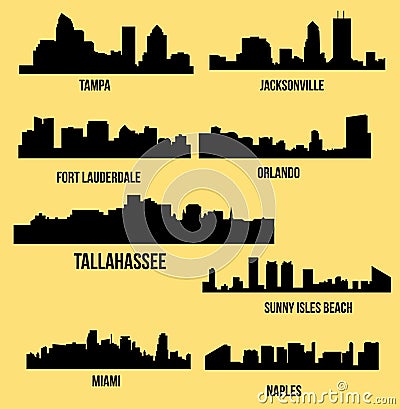 8 City silhouette in Florida ( Naples, MIami, Fort Lauderdale, Tampa, Orlando, Tallahassee, Jacksonville ) Vector Illustration