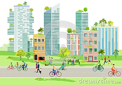 City silhouette with house greening illustration Vector Illustration