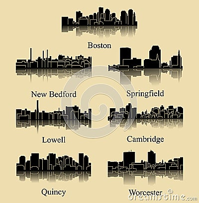 7 City Silhouette in Massachusetts ( Boston, New Bedford, Springfield, Lowell, Quincy, Worcester, Cambridge ) Vector Illustration