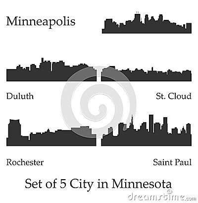 5 City Silhouette in Minnesota ( Minneapolis, Rochester, Saint Paul, St. Cloud, Duluth ) Vector Illustration