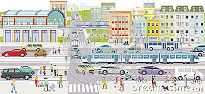 City silhouette with public transport and pedestrians in residential district, illustration Vector Illustration