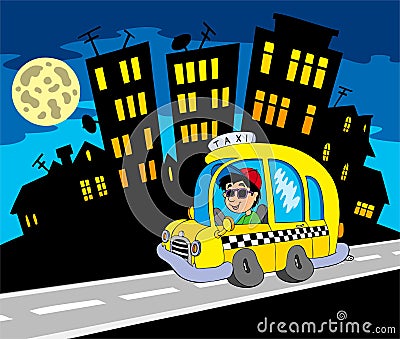 City silhouette with taxi driver Vector Illustration