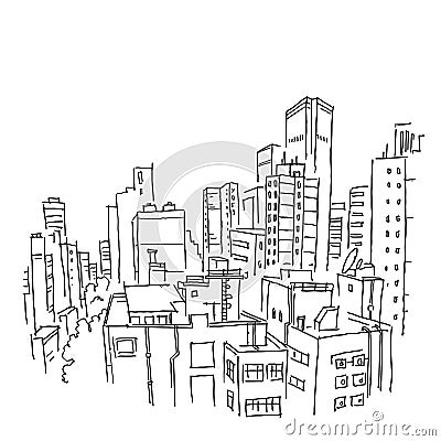 City sketch. Building architecture landscape panorama. View from window on the roofs. Ordinary city. Hand drawn black Vector Illustration