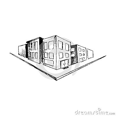 City sketch street corner, intersection, drawn by hand, isolated on white background, Vector. Vector Illustration