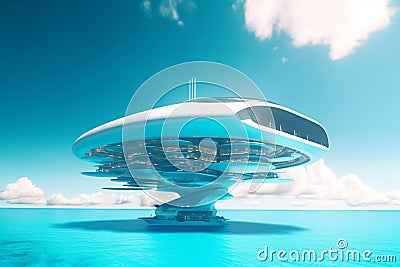 City in the Sky: AI-powered Flying Cities and Spaceships over the Azure Sea Stock Photo