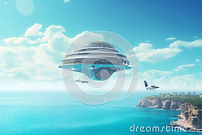 City in the Sky: AI-powered Flying Cities and Spaceships over the Azure Sea Stock Photo