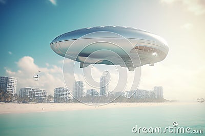 City in the Sky: AI-powered Flying Cities and Spaceships over the Azure Sea Stock Photo