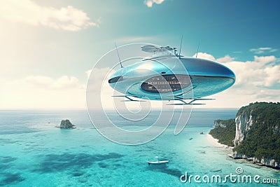 City in the Sky: AI-powered Flying Cities and Spaceships over the Azure Sea Stock Photo