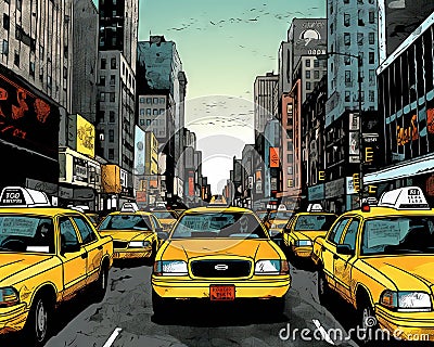 The city skyline and comics style taxi cars are in the background. Cartoon Illustration