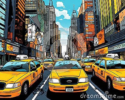 The city skyline and comics style taxi cars are in the background. Cartoon Illustration