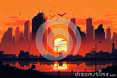 city skyline at dusk, with warm sunset and orange skies Stock Photo