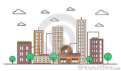 City skyline landscape design concept with buildings, scyscrapers, donut shop cafe,clouds,trees. Vector, graphic illustration. Vector Illustration