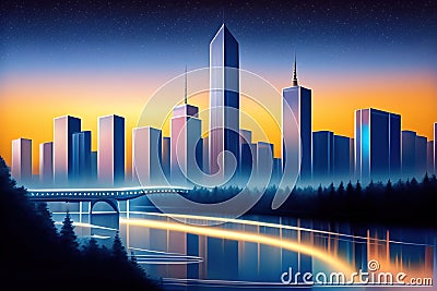 Generative AI: City skyline at night with a vibrant array of colorful lights Stock Photo