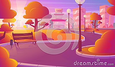 City skyline, orange sunset landscape. Beautiful cityscape, evening view. Urban park, buildings, vector illustration. Vector Illustration