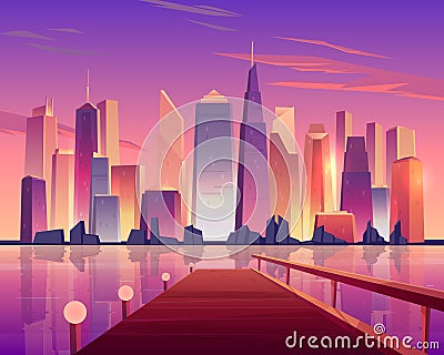 City skyline panoramic view from waterfront pier Vector Illustration