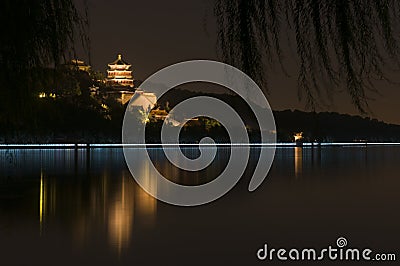 City skyline under moonlight Stock Photo