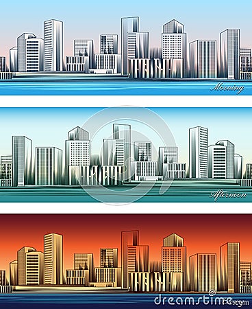 City skylines in morning, afternoon and evening Vector Illustration
