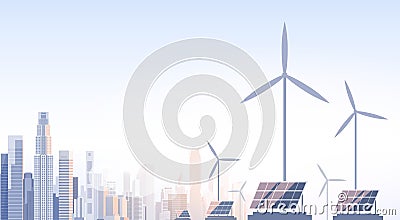 City Skyscraper View Cityscape Wind Tribune Solar Battery Renewable Energy Source Vector Illustration