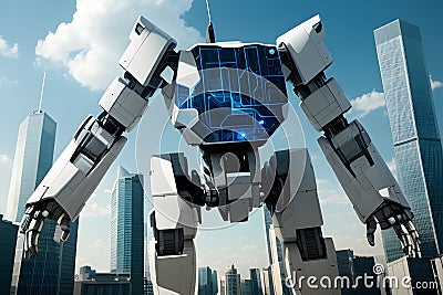 city skyscrapers, robot going through city with checking Stock Photo