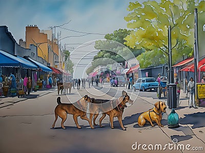 City, a small street with small stores, dogs, people. Watercolor, impressionism. Stock Photo