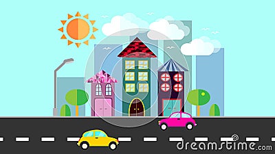 The city, a small town in flat style with houses with a sloping tile roof, cars, trees, birds, clouds, sun, road, lantern on a blu Vector Illustration