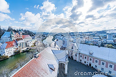 City of steyr, panoramic view from castle schloss lamberg on a snowy day Stock Photo