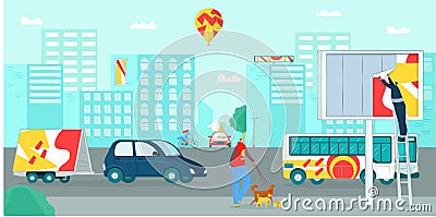 City street with billboard, advertising blank design, vector illustration. Poster at urban banner board, advertisment Vector Illustration