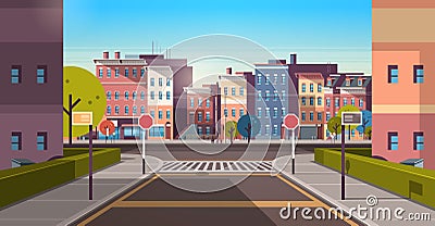 City street building houses architecture empty downtown road urban cityscape early morning sunrise horizontal banner Vector Illustration