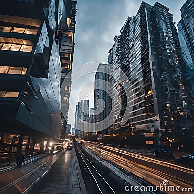 A city street with buildings and cars. Cartoon Illustration