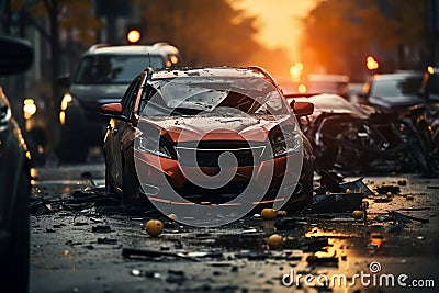 City Street Car Collision: Heavy Road Accident, Road Safety & Insurance Concept. AI Stock Photo