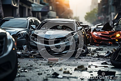City Street Car Collision: Heavy Road Accident, Road Safety & Insurance Concept. AI Stock Photo