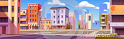 City street with car road intersection and houses Vector Illustration