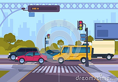 City street. Cartoon town cityscape with cars and crosswalk, town traffic on crosswalk. Vector urban highway landscape Vector Illustration