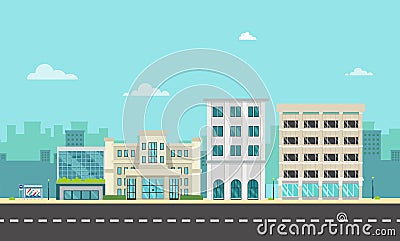 City street and company with bus stop in flat style.Business buildings in urban.Buildings on main street. Vector Illustration