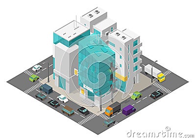 City street district quarter. Isometric town and road around. Cars traffic and buildings 3d. Bank building suite apartments. Cartoon Illustration