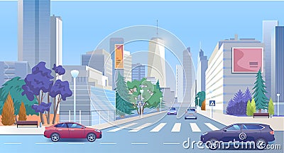 City street downtown vector illustration, cartoon 3d urban panoramic cityscape, business office center with skyscraper Vector Illustration