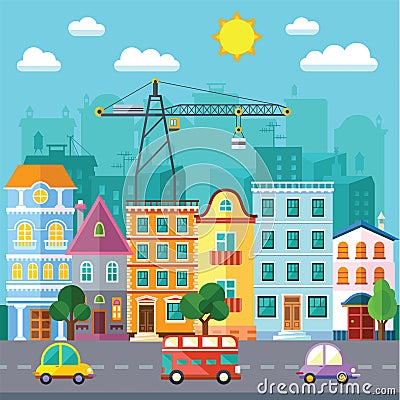 City Street in a Flat Design and Set of Urban Buildings Vector Illustration
