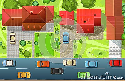 City street. Fragment of small town. Top View from above. Cozy houses with courtyards and parking lots. Cartoon cute Vector Illustration