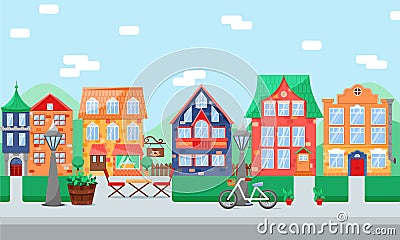 Home facades with doors, windows and balcony in bright color, street lights, retro bike Vector Illustration