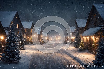 city street, houses are decorated with lights and Christmas trees in winter, New Year holiday, everything is covered with Stock Photo
