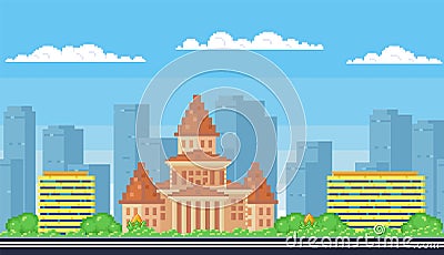 City street with houses and greenery church or government building skyscrapers. Pixelated landscape Vector Illustration