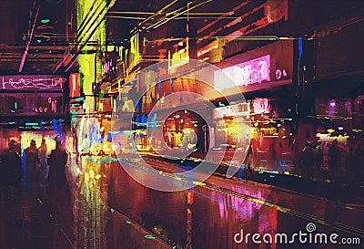 City street with illumination and night life Stock Photo