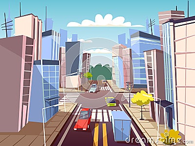 City street cars cartoon illustration of urban transport traffic lane and pedestrian crosswalk with marking Cartoon Illustration