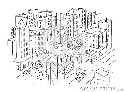 City street Intersection sketch. Traffic road view. Cars end buildings top view. Hand drawn vector stock line Vector Illustration