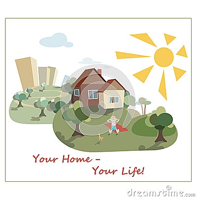 Home for life. Summer hills. City outside. Vocation and health. Vector Illustration