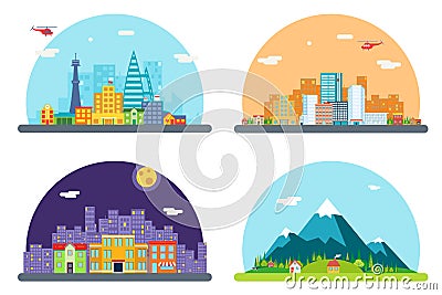 City Street Landscape Real Estate Skyscrapers Skyline Background Set Flat Design Vector Illustration Vector Illustration