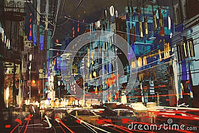 City street at night with colorful lights. Stock Photo