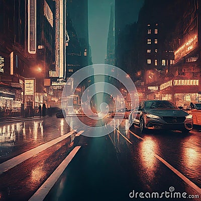 City Street at Night with Illuminated Cars Stock Photo