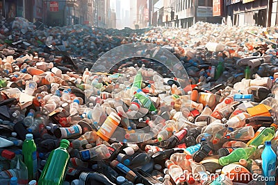 City street overflow with plastic bottles, symbolizing a possible future of unchecked waste disposal. Generative AI illustration Cartoon Illustration